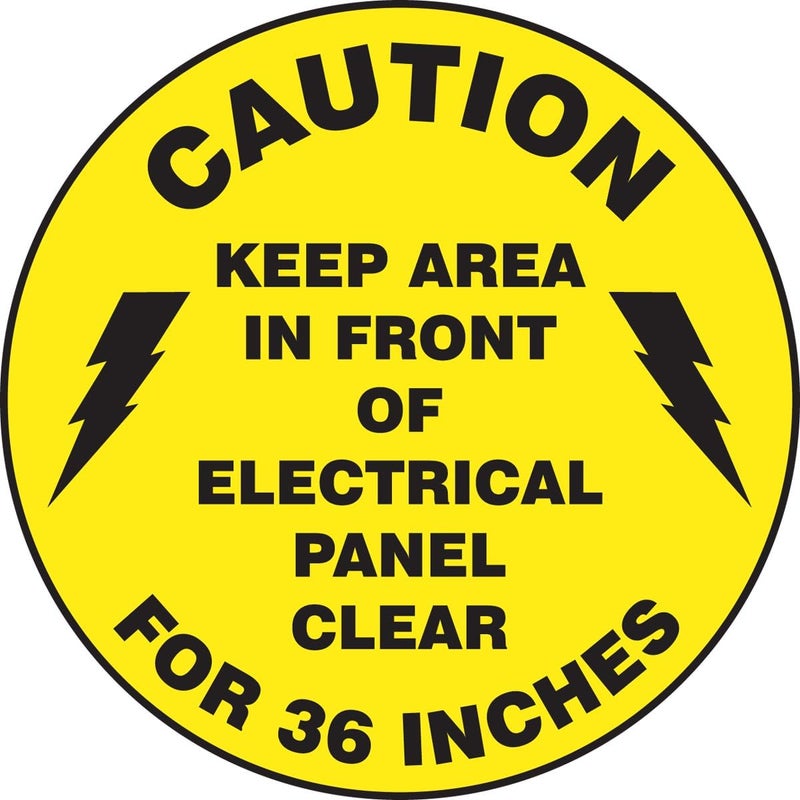 AccuformNMC Floor Sign "Caution Keep Area in Front of Electrical Panel Clear for 36 Inches", 8" Diameter Non-Slip Adhesive Vinyl Electrical Panel Sign, Yellow, Made in the USA, MFS865 - Image 1